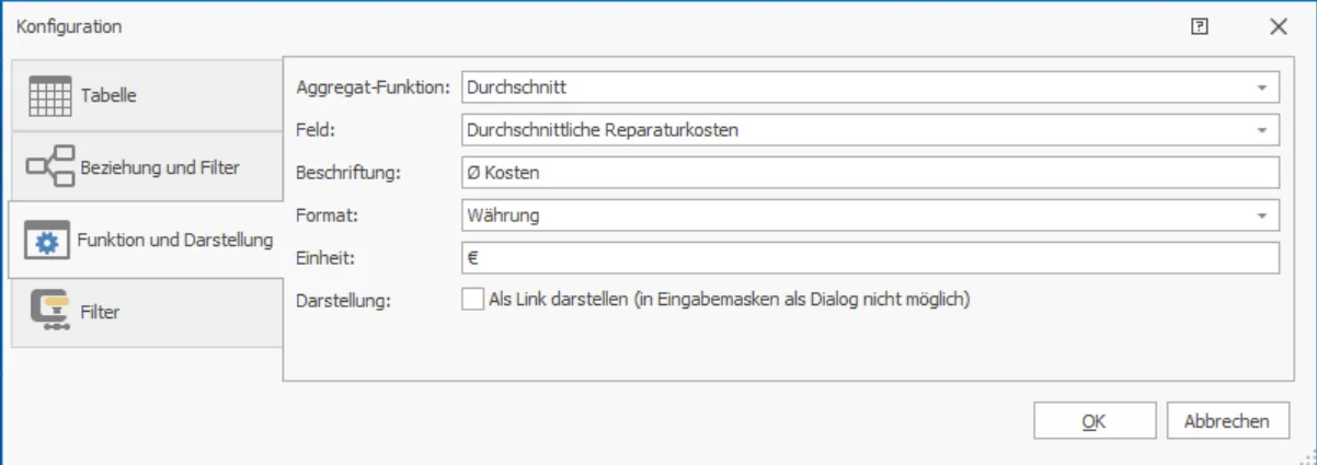 Eingabemaskeneditor Aggregatsfeld Konfiguration Beispiel