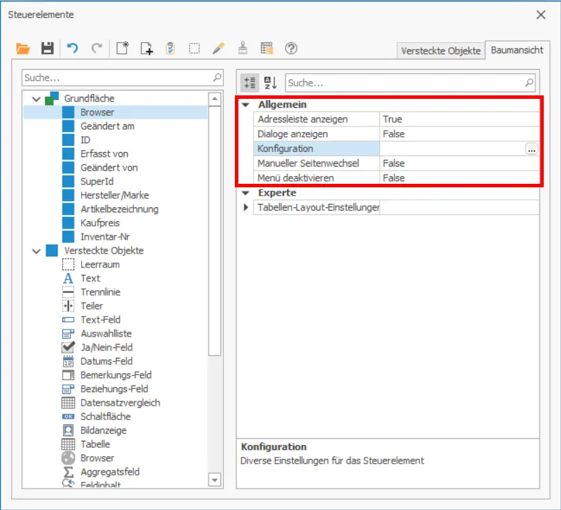 Eingabemaskeneditor Browser Control Einstellungen Baumansicht