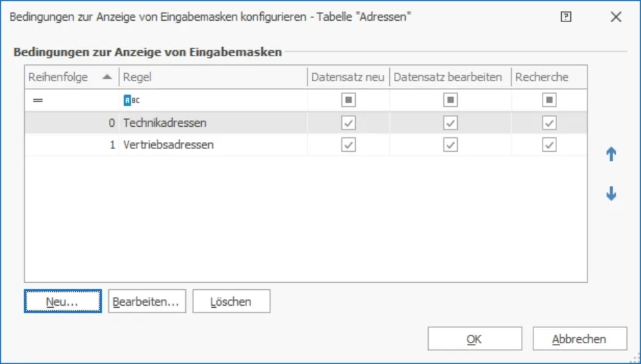 Eingabemaske Anzeige Bedingungen