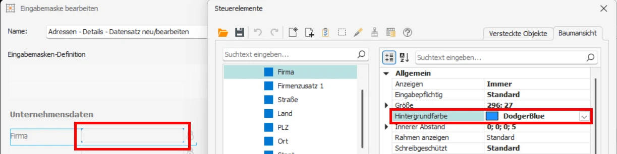 Eingabemasken Konfiguration Hintergrundfarbe Designer Darstellung