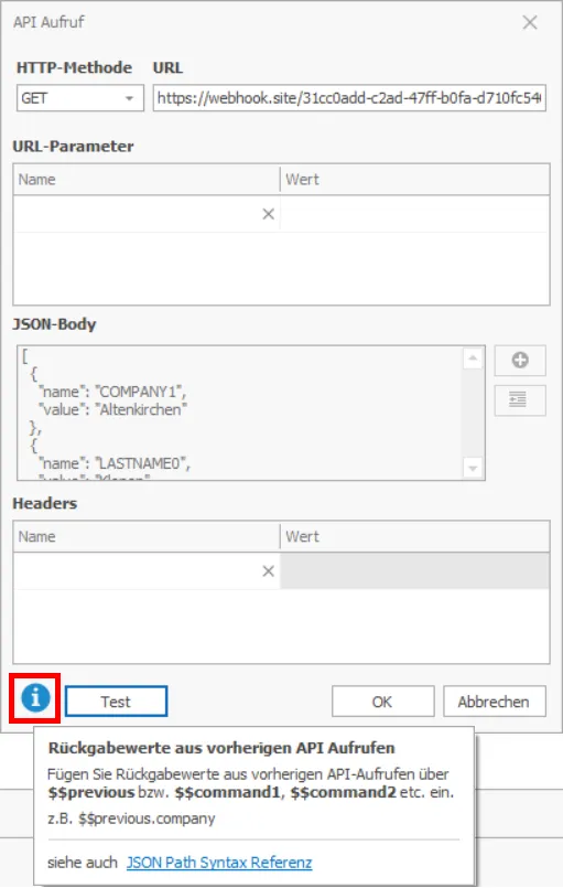 Eingabemasken REST-API API-Aufruf konfigurieren