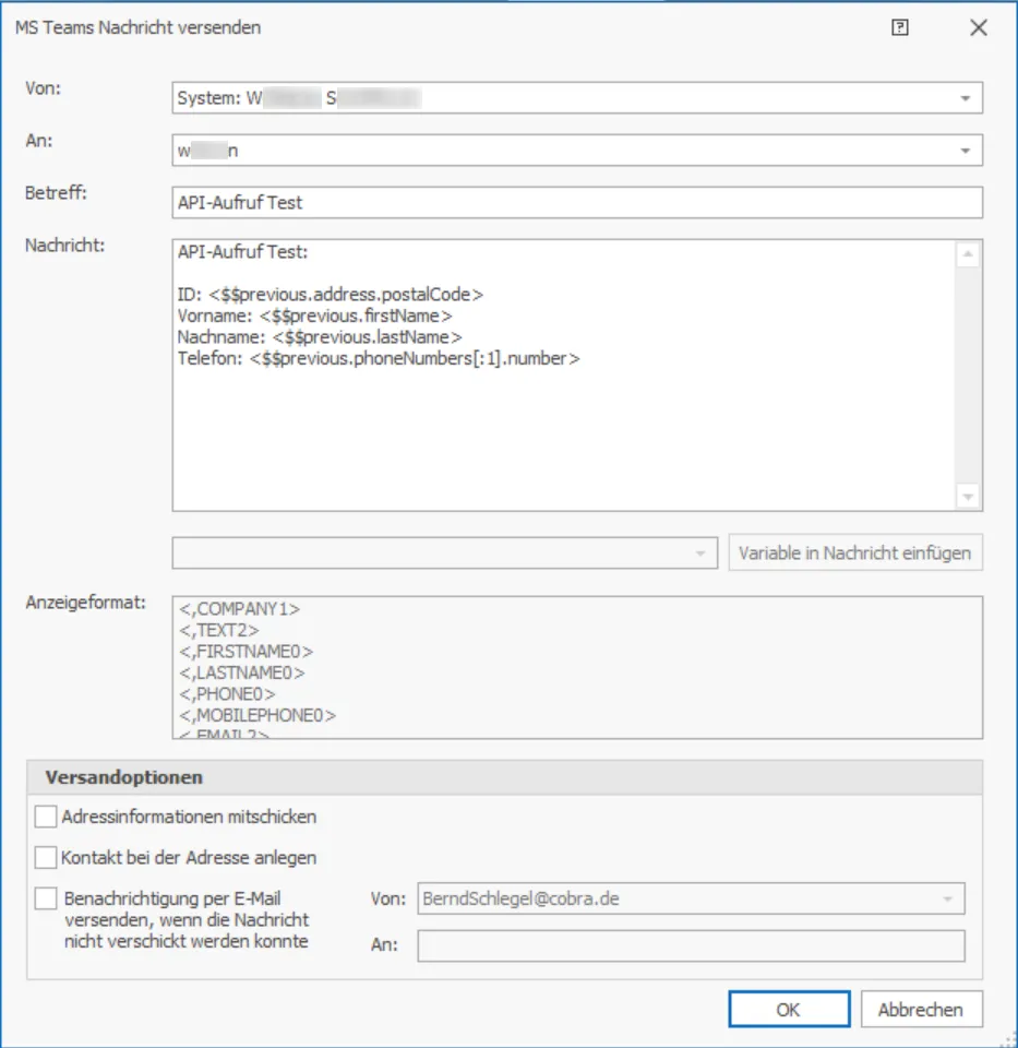 Kampagnen API-Aufruf auswerten MS Teams-Nachricht